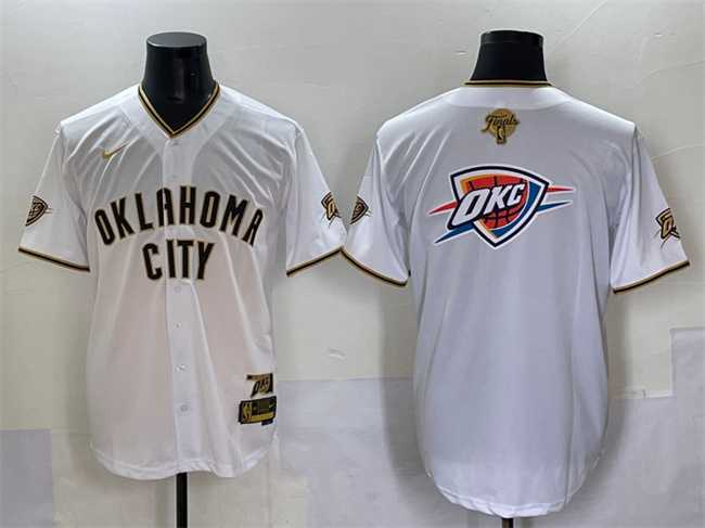 Mens Oklahoma City Thunder Team Big Logo White Gold 2025 Finals Vapor Stitched Baseball Jersey
