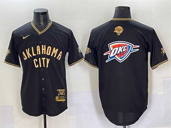 Mens Oklahoma City Thunder Team Big Logo Black Gold 2025 Finals Vapor Stitched Baseball Jersey