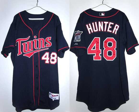Mens Minnesota Twins #48 Torii Hunter Navy Double Knit Stitched Jersey