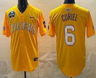 Mens LSU Tigers #6 Derek Curiel Gold 2025 World Series SEC Patch Stitched Baseball Jersey Dzhi->->NCAA Jersey