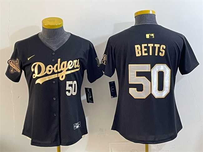 Youth Los Angeles Dodgers #50 Mookie Betts Black Gold 2025 World Series Champions Patch Limited Stitched Jersey Dzhi