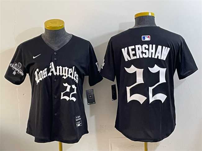 Youth Los Angeles Dodgers #22 Clayton Kershaw Black 2025 World Series Champions LA Gothic Edition Limited Stitched Jersey Dzhi