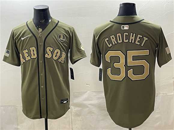 Mens Boston Red Sox #35 Garrett Crochet Olive Armed Forces Day Cool Base Stitched Jersey Dzhi