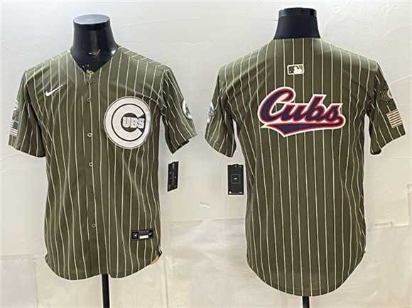Mens Chicago Cubs Team Big Logo Pinstripe Olive 2026 Armed Forces Day Salute To Service Stitched Jersey Dzhi