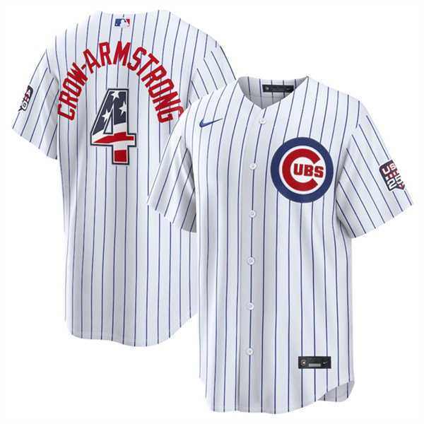 Mens Chicago Cubs #4 Pete Crow-Armstrong White 2026 USA 250 Fourth of July Home Stadium Stitched Jersey Dzhi