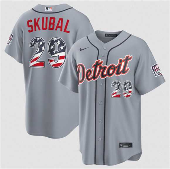 Mens Detroit Tigers #29 Tarik Skubal Grey 2026 USA 250 Fourth of July Stitched Jersey Dzhi