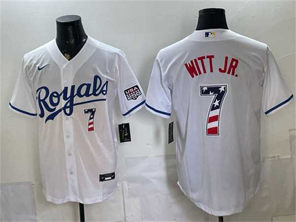 Mens Kansas City Royals #7 Bobby Witt Jr. White 250 Fourth of July Stitched Jersey Dzhi