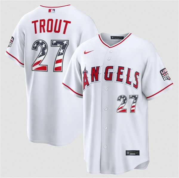 Mens Los Angeles Angels #27 Mike Trout 2026 White USA 250 Fourth of July Home Stadium Stitched Jersey Dzhi