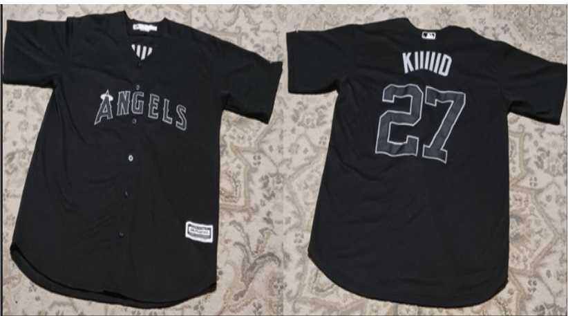 Mens Los Angeles Angels #27 Mike Trout KIIIIID Black Stitched Jersey