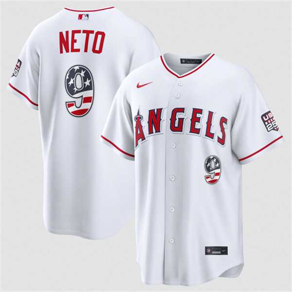 Mens Los Angeles Angels #9 Zach Neto 2026 White USA 250 Fourth of July Home Stadium Stitched Jersey Dzhi
