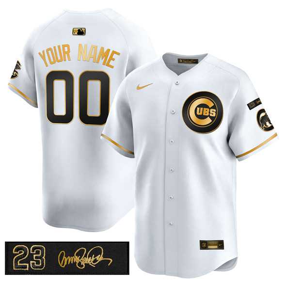 Mens Chicago Cubs Active Player Custom White Gold Ryne Sandberg Tribute Vapor Limited V3 Stitched Baseball Jersey