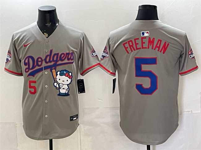 Mens Los Angeles Dodgers #5 Freddie Freeman Grey Hello Kitty Night 2025 World Series Champions Patch Stitched Jersey