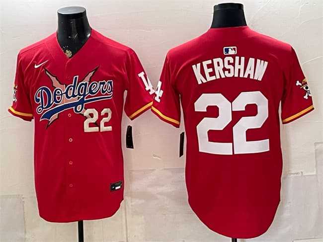 Mens Los Angeles Dodgers x One Piece #22 Clayton Kershaw Red Vapor Premier Limited Stitched Jersey1