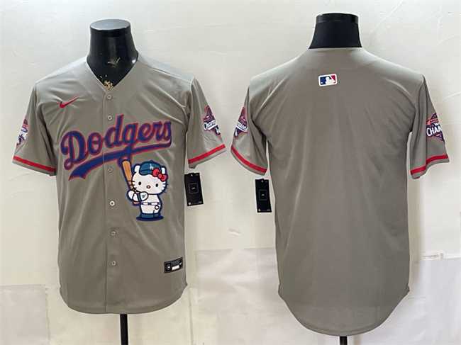 Mens Los Angeles Dodgers Blank Grey Hello Kitty Night 2025 World Series Champions Patch Stitched Jersey