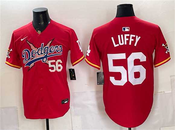 Mens Los Angeles Dodgers x One Piece #56 Luffy Red Vapor Premier Limited Stitched Jersey