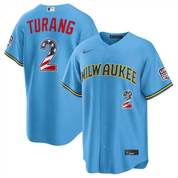 Mens Milwaukee Brewers #2 Brice Turang Blue 2026 USA 250 Fourth of July Home Stadium Stitched Jersey Dzhi