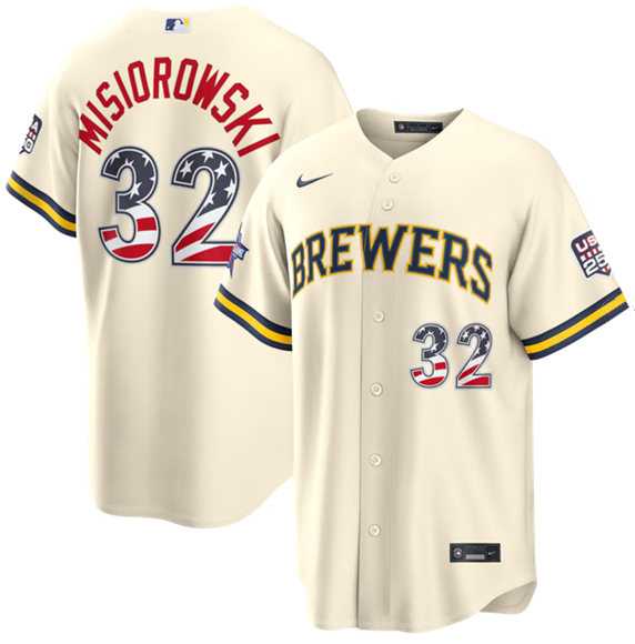 Mens Milwaukee Brewers #32 Jacob Misiorowski Cream 2026 All-Star Edition Stars & Stripes USA 250 Patch Stitched Jersey Dzhi