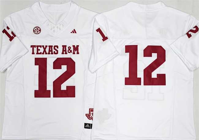 Mens Texas A&M Aggies Lions #12 Premier Strategy White 2025 F.U.S.E. Stitched Jersey