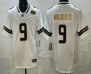 Mens Seattle Seahawks #9 Kenneth Walker III White Gold FUSE 50th Season Patch Vapor Limited Stitched Jersey Dzhi