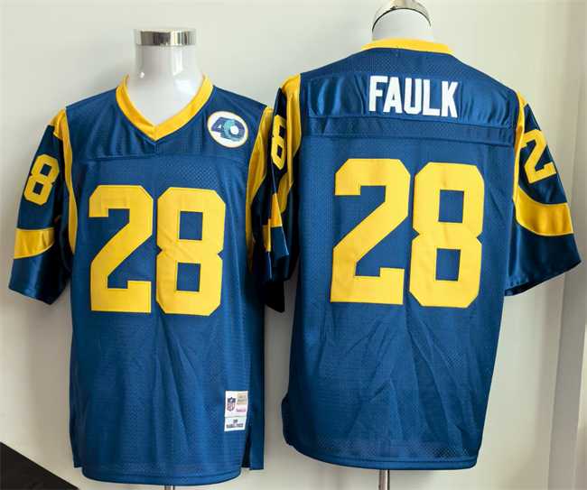 Mens Los Angeles Rams #28 Marshall Faulk Royal Throwback Football Stitched Jersey
