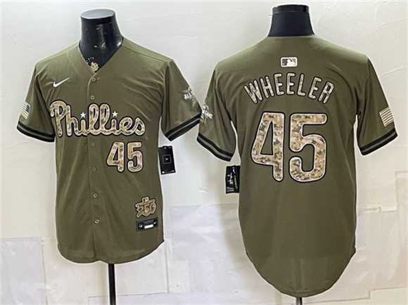 Mens Philadelphia Phillies #45 Zack Wheeler Olive 2026 Armed Forces Day Stitched Jersey Dzhi