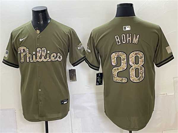 Mens Philadelphia Phillies #28 Alec Bohm Olive 2026 Armed Forces Day Stitched Jersey Dzhi