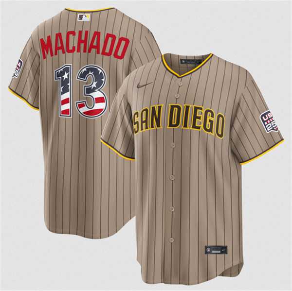 Mens San Diego Padres #13 Manny Machado Tan USA 250 Fourth of July Home Stitched Jersey Dzhi
