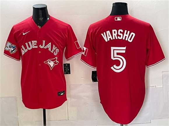 Mens Toronto Blue Jays #5 Daulton Varsho Red 50 Seasons Patch Stitched Jersey