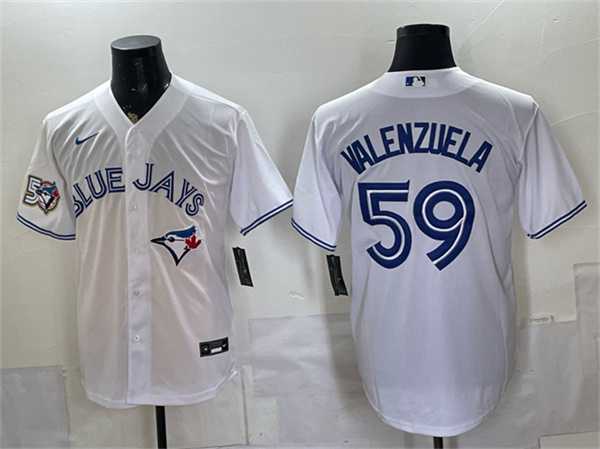 Mens Toronto Blue Jays #59 Brandon Valenzuela White 50 Seasons Patch Stitched Jersey