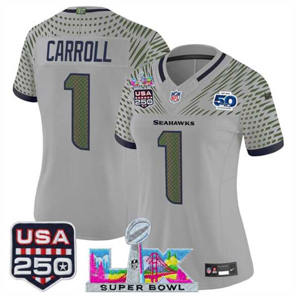 Womens Seattle Seahawks #1 Pete Carroll Gray 2025 F.U.S.E. Super Bowl LX & US 250th anniversary Patch And 50th Season Patch Rivalries Vapor Limited Stitched Jersey