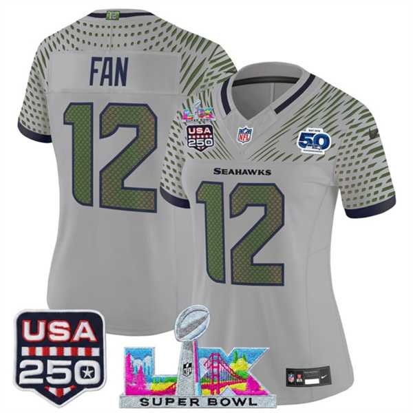 Womens Seattle Seahawks #12 Fan Gray 2025 F.U.S.E. Super Bowl LX & US 250th anniversary Patch And 50th Season Patch Rivalries Vapor Limited Stitched Jersey