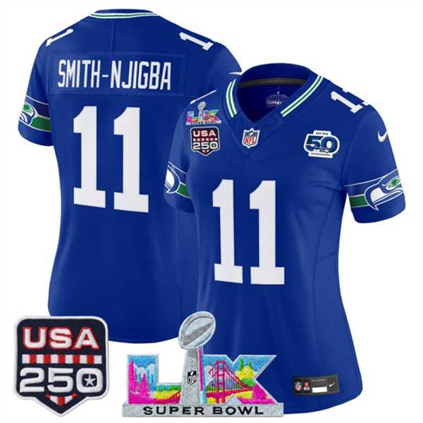 Womens Seattle Seahawks #11 Jaxon Smith-Njigba Royal 2025 F.U.S.E. Super Bowl LX Patch And 50th Season & USA 250 Patch Vapor Throwback Limited Stitched Jersey