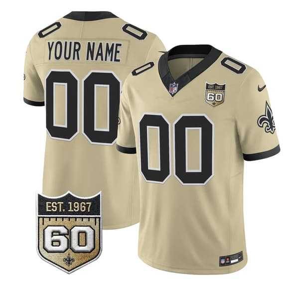 Mens New Orleans Saints Active Player Custom Gold F.U.S.E. 60th Anniversary Patch Vapor Limited Stitched Jersey->->Custom Jersey