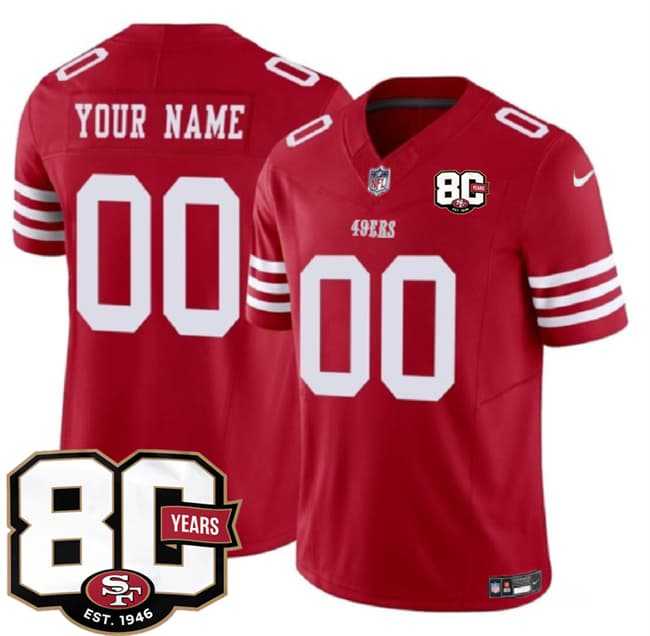 Mens San Francisco 49ers Active Player Custom Red 80th Anniversary Patch 2026 F.U.S.E. Vapor Untouchable Limited Stitched Jersey->->Custom Jersey