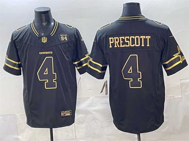 Mens Dallas Cowboys #4 Dak Prescott Black Gold 2025 F.U.S.E. 94 Marshawn Kneeland Memorial Patch Vapor Limited Stitched Jersey