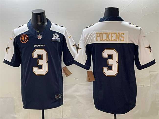 Mens Dallas Cowboys #3 George pickens Navy F.U.S.E. With John Madden Patch & Established In 1960 Patch Thanksgiving Vapor Limited Stitched Jersey