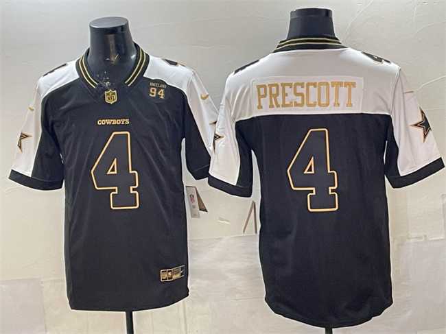 Mens Dallas Cowboys #4 Dak Prescott Black Gold 2025 F.U.S.E. 94 Marshawn Kneeland Memorial Patch Vapor Limited Stitched Jersey1