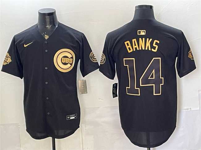 Mens Chicago Cubs #14 Ernie Banks Black Gold 150th Anniversary Patch Stitched Jersey Dzhi