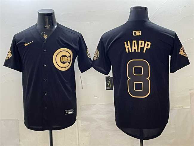 Mens Chicago Cubs #8 lan Happ Black Gold 150th Anniversary Patch Stitched Jersey Dzhi