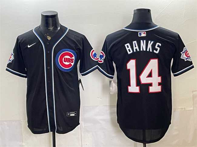 Mens Chicago Cubs #14 Ernie Banks 150th Anniversary Black Out Style Vapor Premier Limited Stitched Jersey