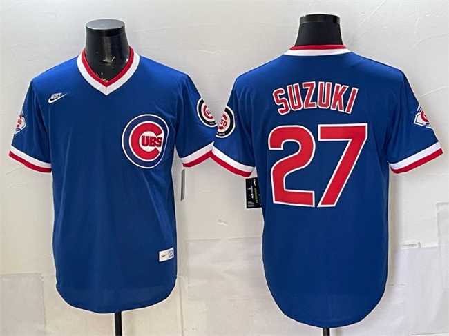 Mens Chicago Cubs #27 Seiya Suzuki Royal 150th Anniversary Throwback Vapor Limited Stitched Jersey