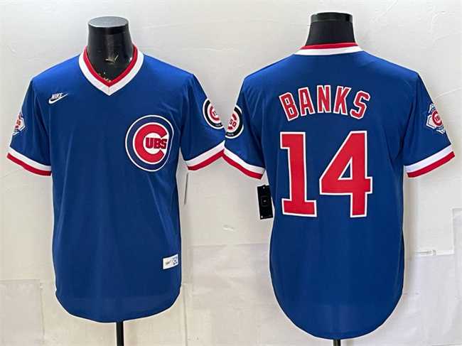Mens Chicago Cubs #14 Ernie Banks Royal 150th Anniversary Throwback Vapor Limited Stitched Jersey
