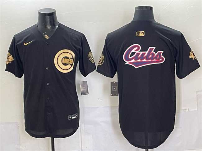 Mens Chicago Cubs Team Big Logo Black Gold 150th Anniversary Patch Stitched Jersey Dzhi