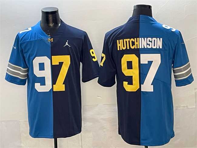 Mens Detroit Lions X Wolverines #97 Aidan Hutchinson Blue Navy Split Vapor Limited Stitched Jersey