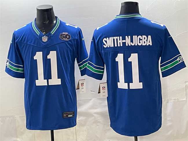 Mens Seattle Seahawks #11 Jaxon Smith-Njigba Royal 2025 F.U.S.E. 50th Season Patch Throwback Vapor Limited Stitched Jersey