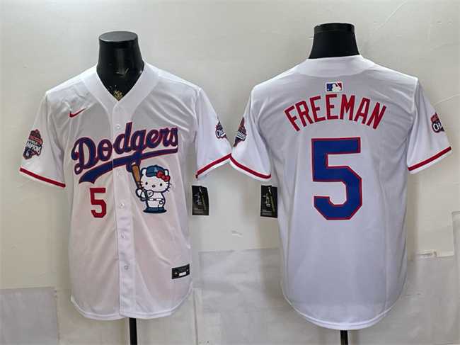 Mens Los Angeles Dodgers #5 Freddie Freeman White Hello Kitty Night 2025 World Series Champions Patch Stitched Jersey Dzhi