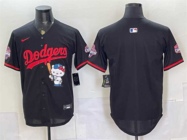 Mens Los Angeles Dodgers Blank Black Hello Kitty Night 2025 World Series Champions Patch Stitched Jersey Dzhi