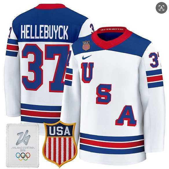 Mens USA #37 Connor Hellebuyck Home White 2026 Olympic Jersey Dzhi