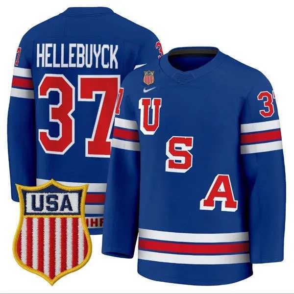 Mens USA #37 Connor Hellebuyck Home Blue 2026 Olympic Jersey Dzhi