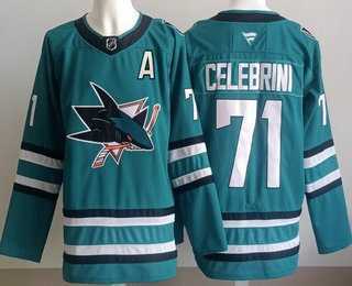 Mens San Jose Sharks #71 Macklin Celebrini Teal Stitched Jersey